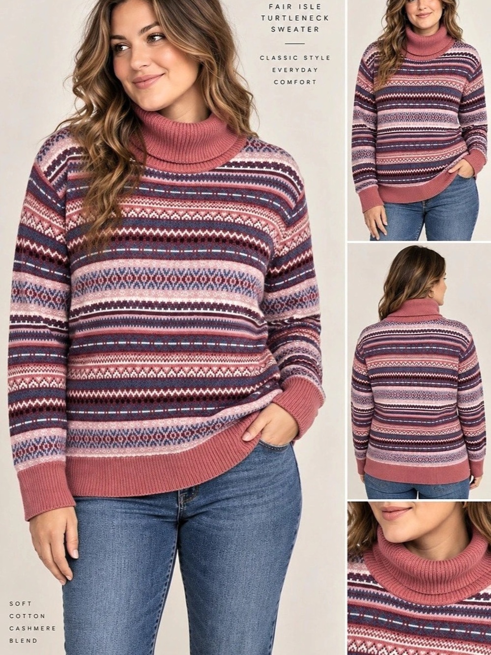 L.L.Bean Women’s Fair Isle Turtleneck Sweater Cotton Cashmere Pink Blue - XL